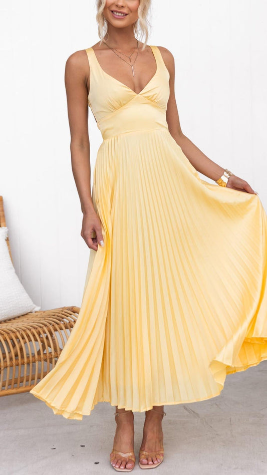 Tina - Yellow Pleated V-Neck Maxi Dress